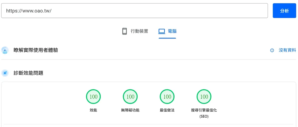 Google Lighthouse 桌面版評測結果：效能 100、無障礙功能 100、最佳做法 100、SEO 100